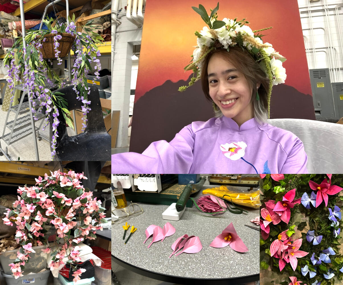 Floral Displays hanging basket arrangements, flower crown, paper flower assembly