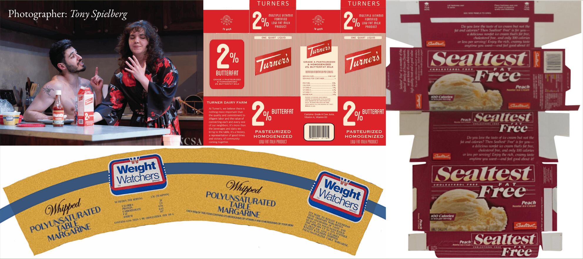 Frankie and Johnny in the Clair de Lune | 2025 Scenic Designer: Bianca DeCarli &amp; Isabella Rebollo Colón | Props Director: D. Austin | Position: Artisan designed 80s accurate margarine and milk carton, restored flat lays