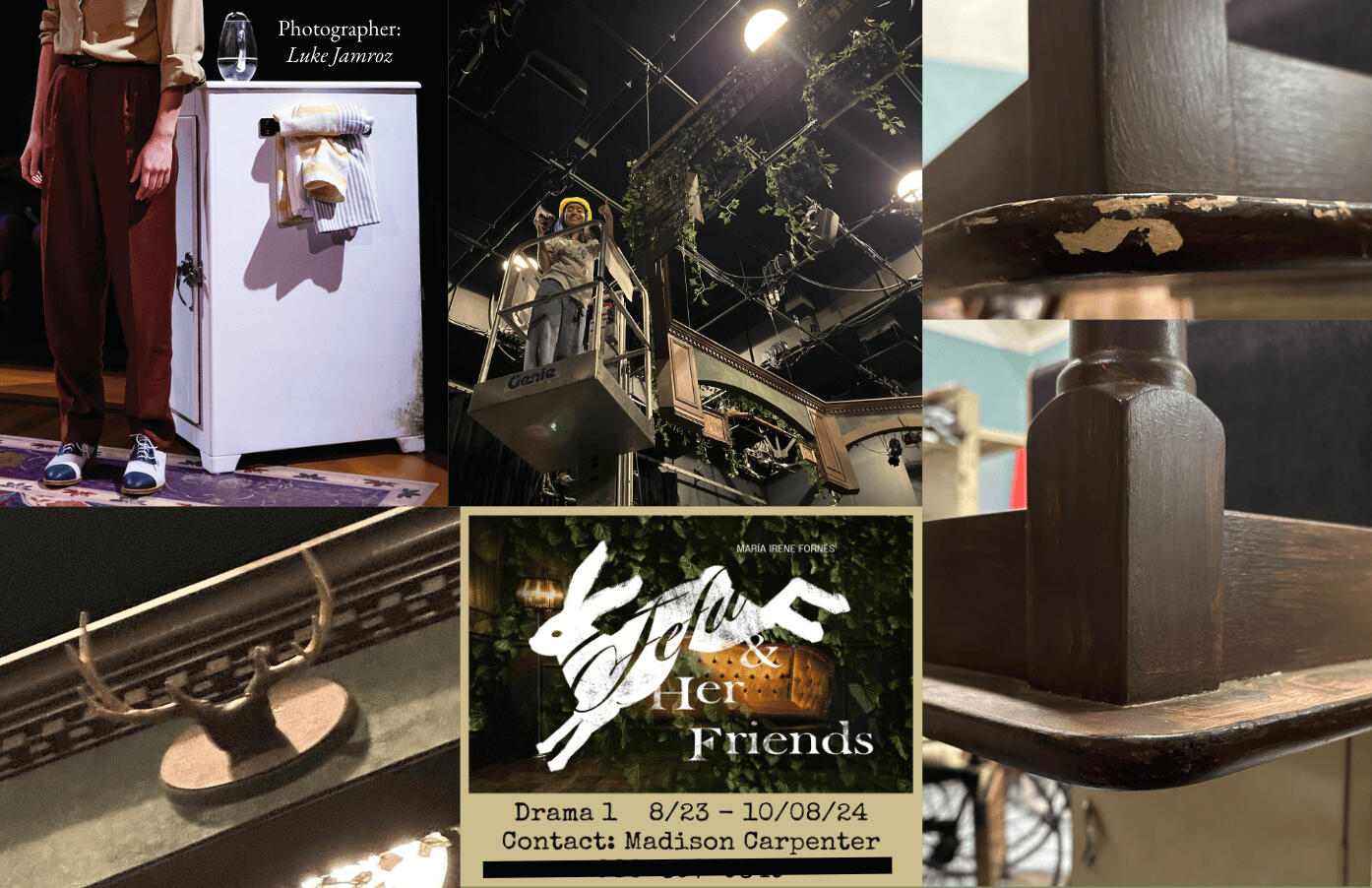 Fefu & Her Friends | 2024 Scenic Designer: Ava Downs & Liam Klingberg | Props Director: Madi Carpenter | Position: Asst. Props Director icebox paint treatment (w/ Willow MacIvor), set dec, furniture restoration, antler mount, show storage label