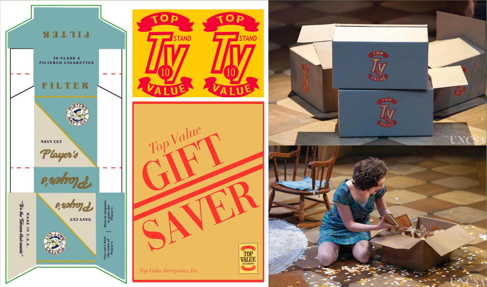 Le Belles-Soeurs | 2025 Scenic Designer: McKenna Leach & Jordan Rodriguez | Props Director: Ross Stephens | Position: Artisan designed cigarette box, book labels, and label stencil